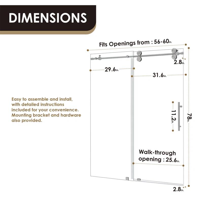 56" - 60" W x 78" H Single Sliding Frameless Shower Door