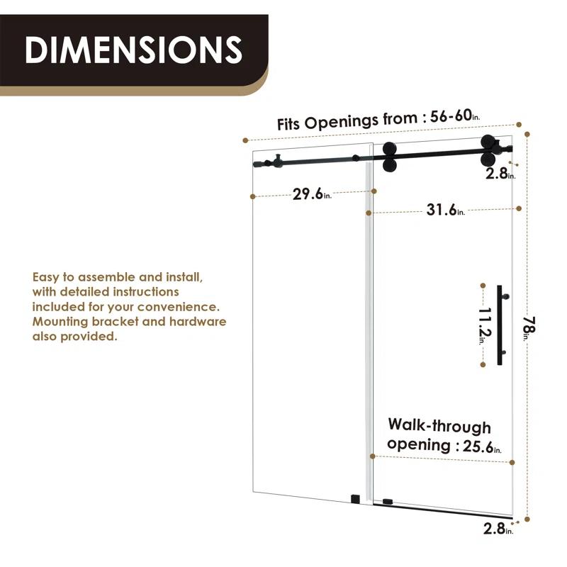 56" - 60" W x 78" H Single Sliding Frameless Shower Door