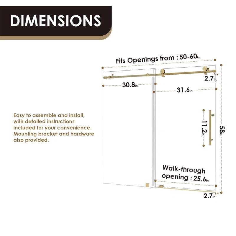 56" - 60" W x 58" H Single Sliding Frameless Tub Door