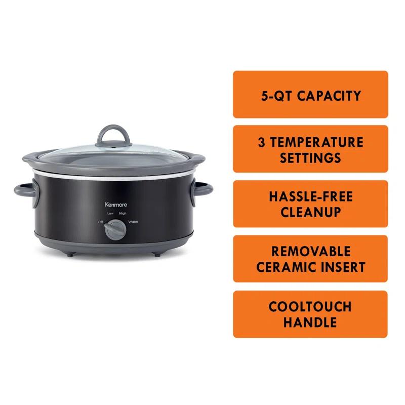 Easy Dial 5-Quart Black Ceramic Slow Cooker with Tempered Glass Lid