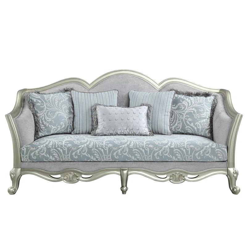 Elegant 85'' Light Gray Linen Sofa with Champagne Wooden Trim