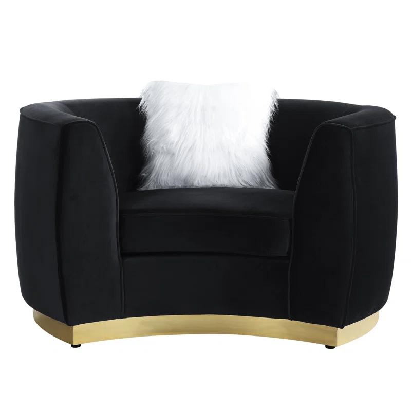 Elegant Flared Black Velvet Armchair with Brass Base