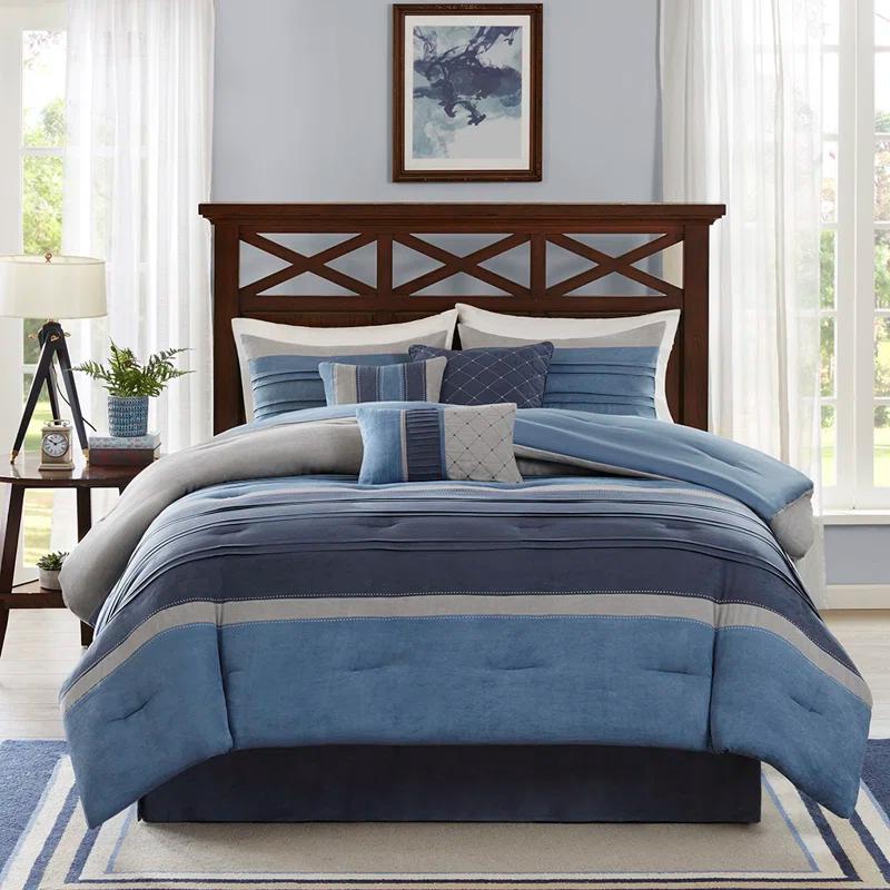 Navy Blue Queen 7-Piece Microsuede Comforter Set