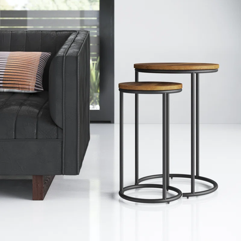 Fort Worth Natural Wood and Black Metal Round Nesting Side Tables
