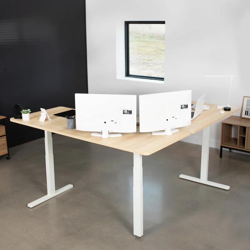 Electric Adjustable Corner Desk in Light Wood & White, 77" x 71"