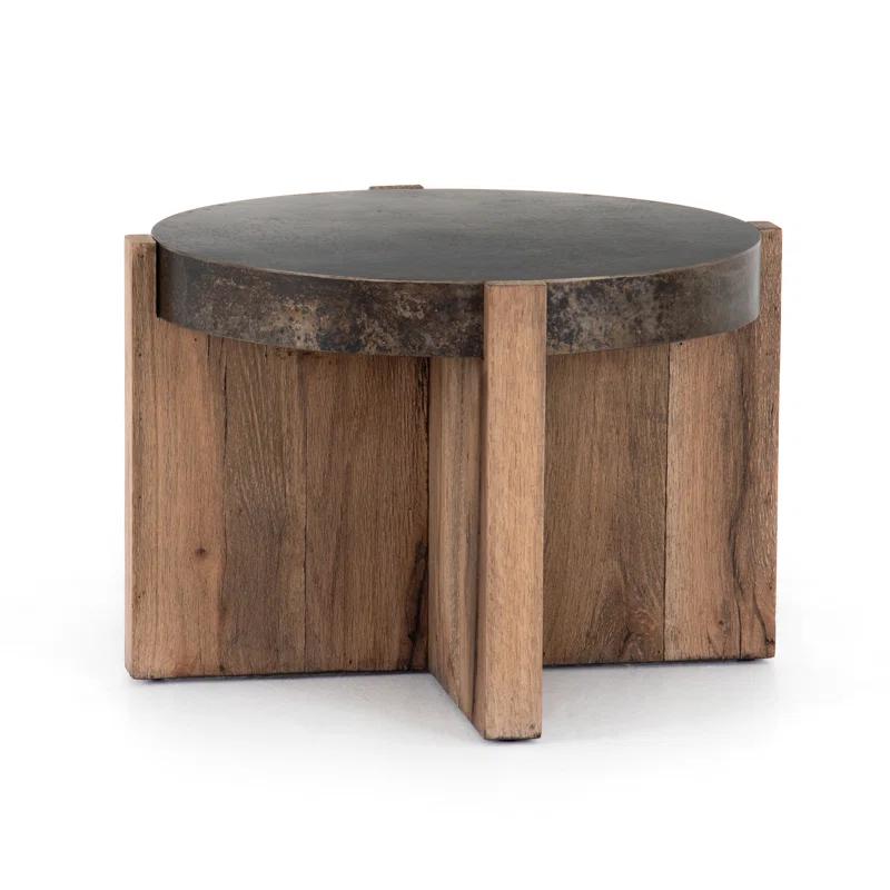 Round Black and Brown Wood Metal Side Table