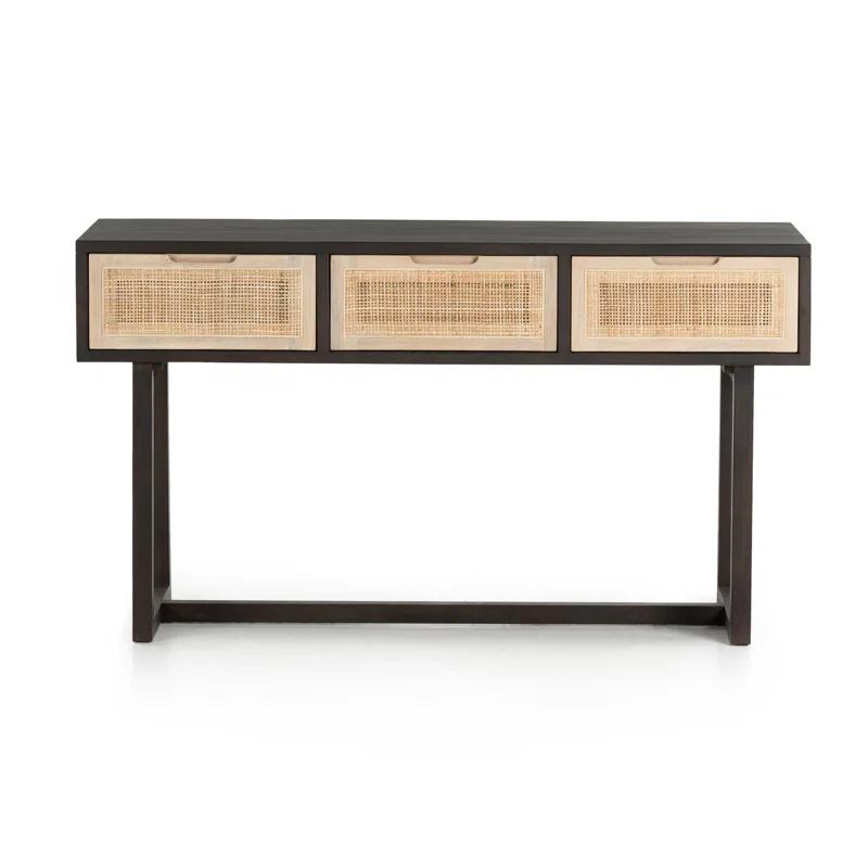 Clarita Mid-Century Modern Black Mango Wood Console Table with 3 Cane Drawers