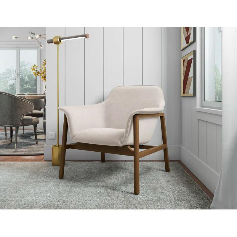 Mid-Century Cream Linen and Walnut Wood Accent Chair