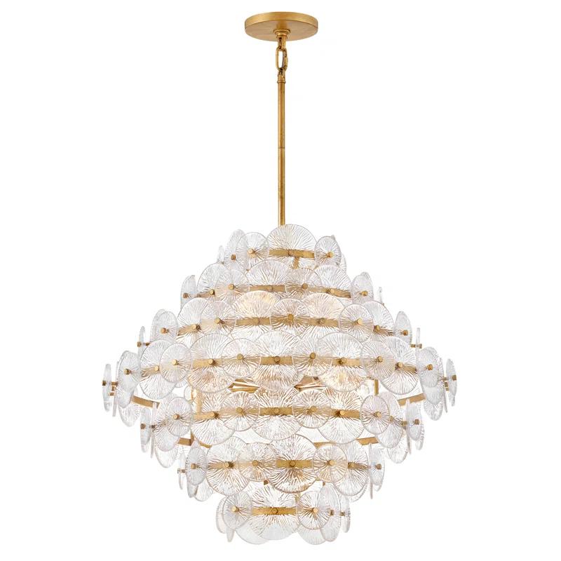 Rene Distressed Brass 16-Light Tiered Chandelier with Clear Pressed Glass