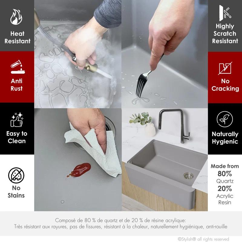 Pietra STYLISH 30 inch Undermount Workstation Single Bowl Composite Granite Apron Kitchen Sink