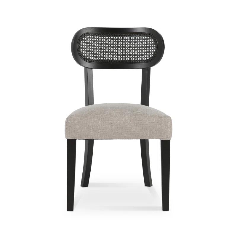 Chic Black Birch Wood Dining Chair with Rattan Back and Linen Blend Seat