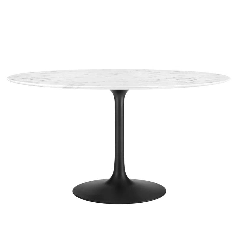 Mid-Century Modern 54" Round Marble & Wood Dining Table in Black/White