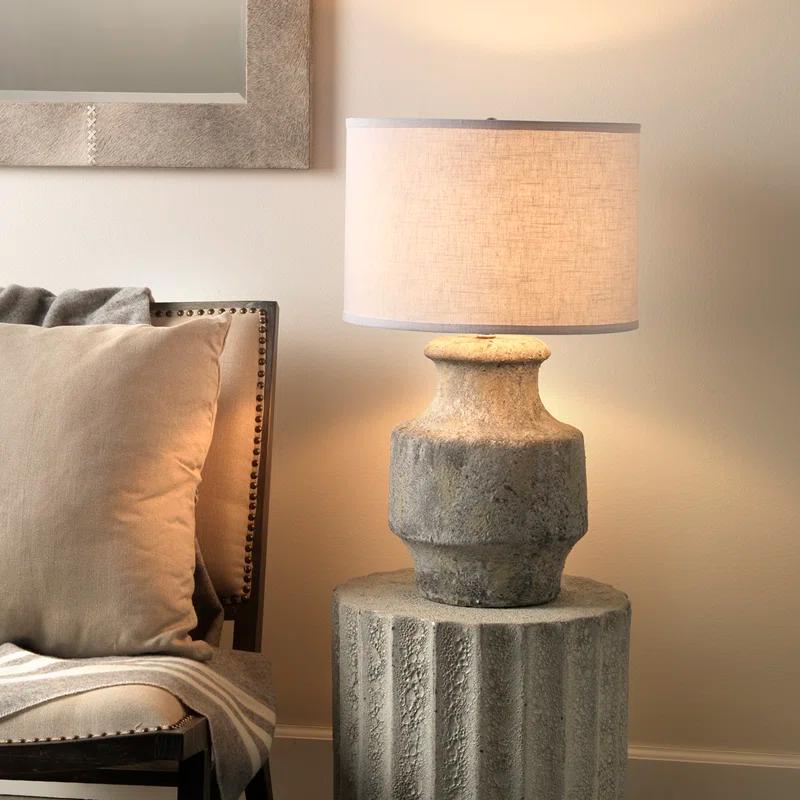 Aged Grey Ceramic Table Lamp with White Linen Shade
