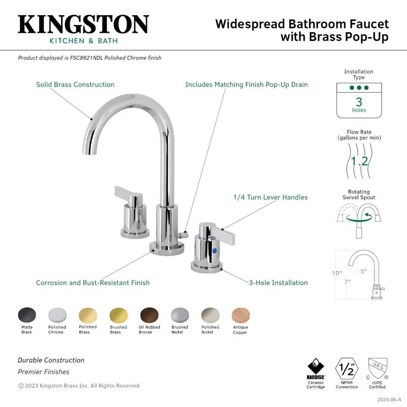 Kingston Brass NuvoFusion Two-Handle 3-Hole Deck Mount Widespread Bathroom Faucet with Brass Pop-Up Drain