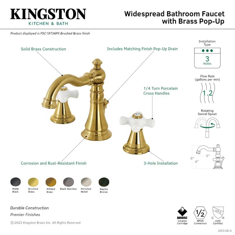 Kingston Brass American Classic Two-Handle 3-Hole Deck Mount Widespread Bathroom Faucet with Pop-Up Drain