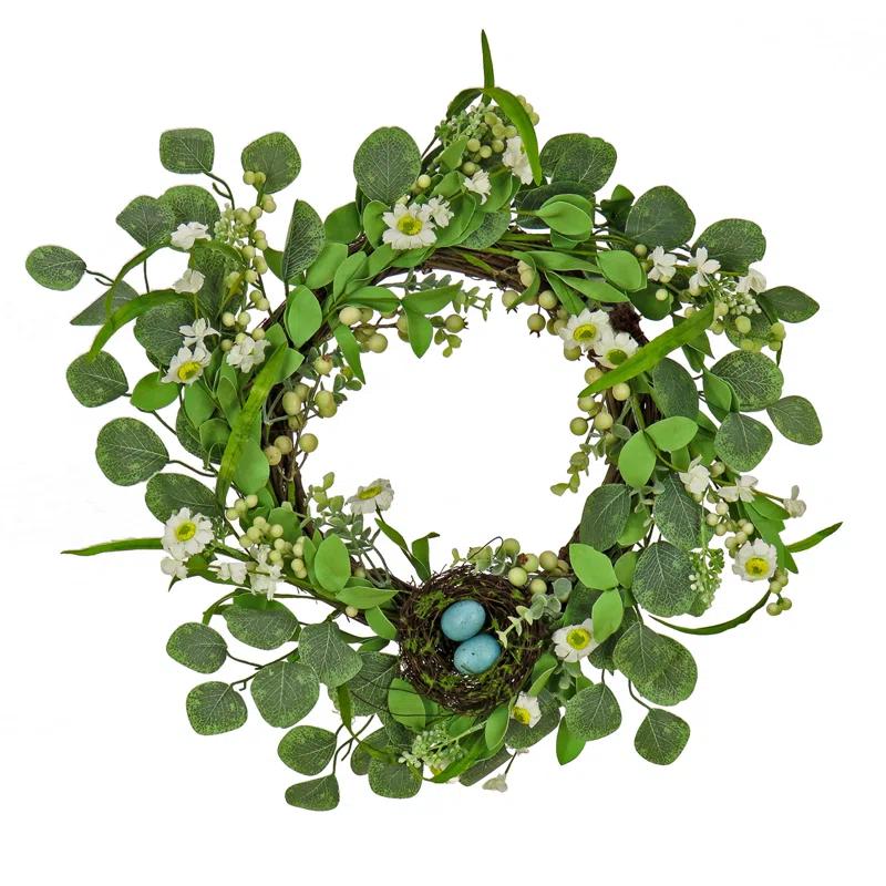 Pastel Daisy & Berry Spring 20'' Artificial Wreath with Bird's Nest