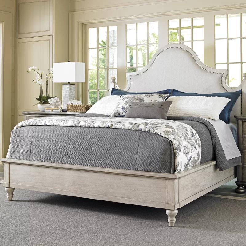 Transitional Cream King Upholstered Bed with Nailhead Trim and Drawer