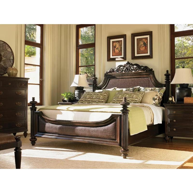 Regal Queen Tufted Leather Headboard with Carved Wood Accents