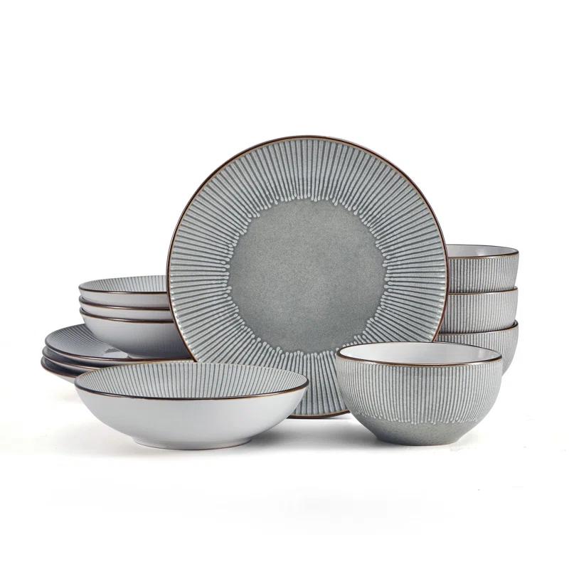 Gray Ceramic 12-Piece Dinnerware Set with Embossed Pattern