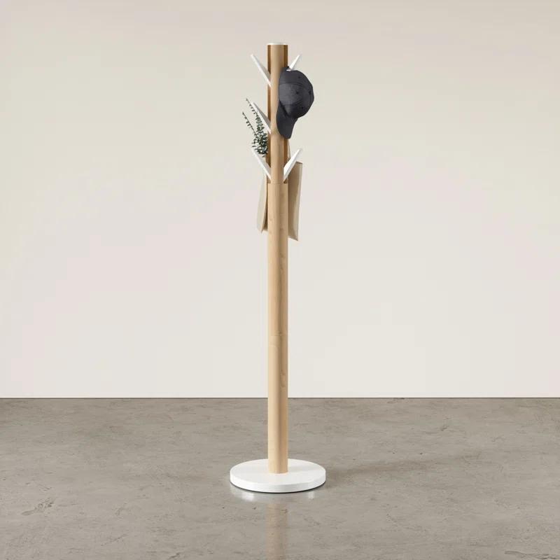 Sleek Modern White/Natural Rubberwood 9-Hook Coat Stand