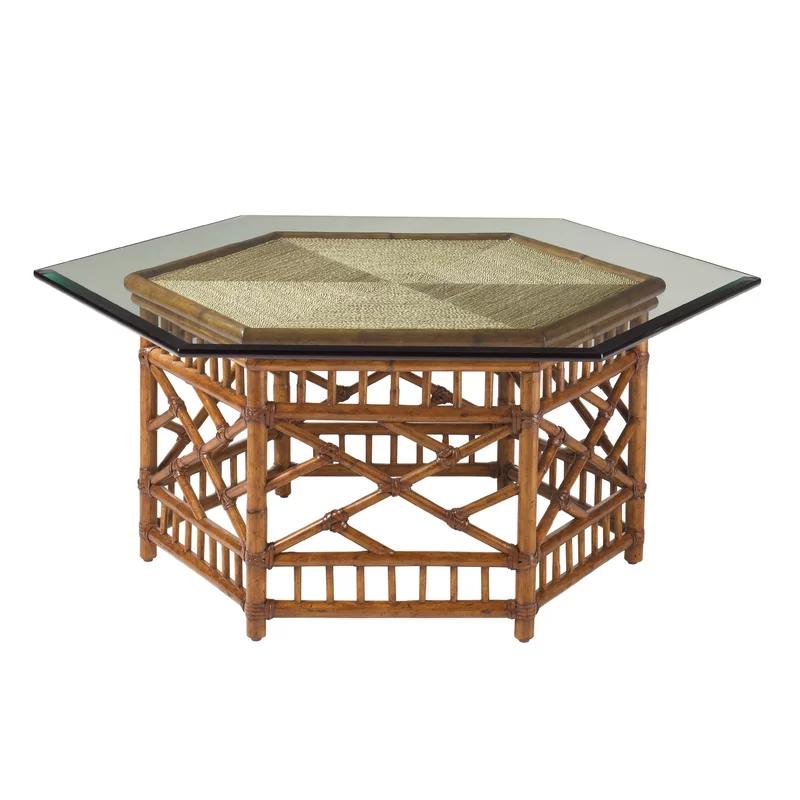 Traditional Key Largo Brown Rattan Cocktail Table with Glass Top