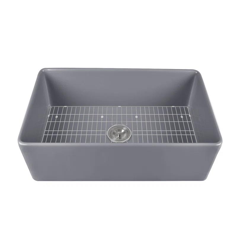Grove 33" L X 18" W Rectangular Single Bowl Fireclay Farmhouse Kitchen Sink with Grid and Strainer
