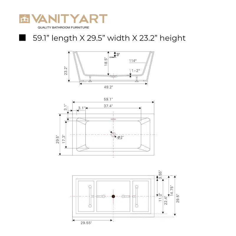 Elena 59" x 30" Freestanding Soaking Acrylic Bathtub