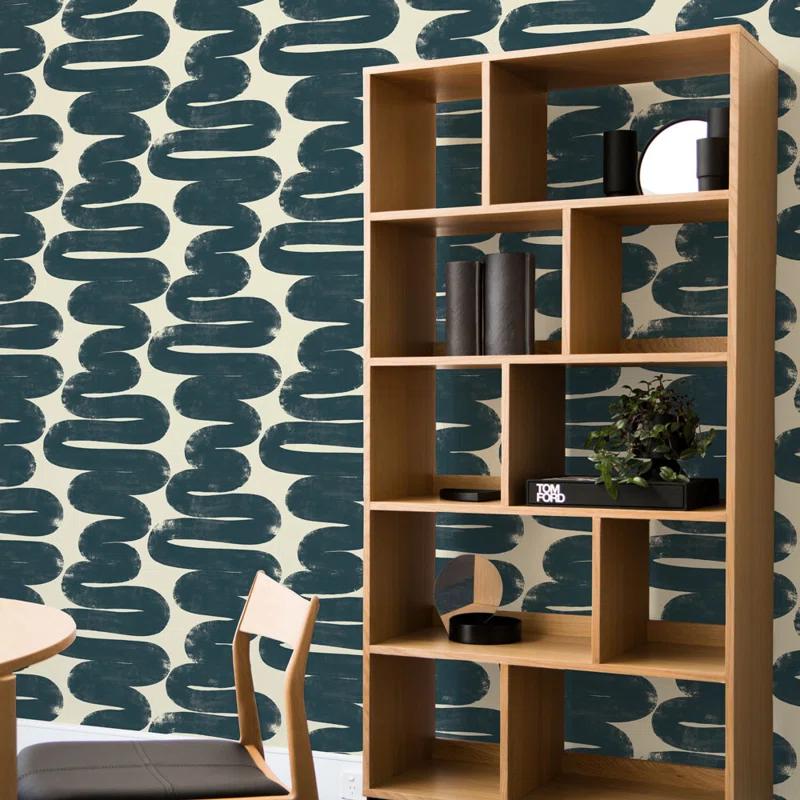 Wiggle Room Blue and Cream Abstract Vinyl Wallpaper Roll