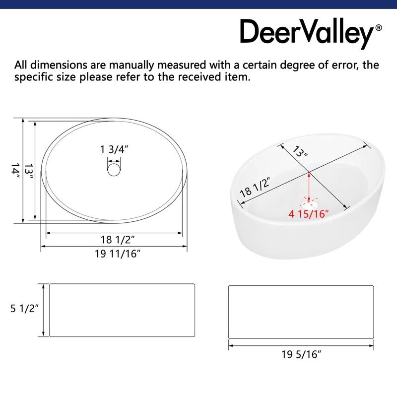 DeerValley 19.7'' x 14'' White Oval Vitreous China Vessel Bathroom Sink