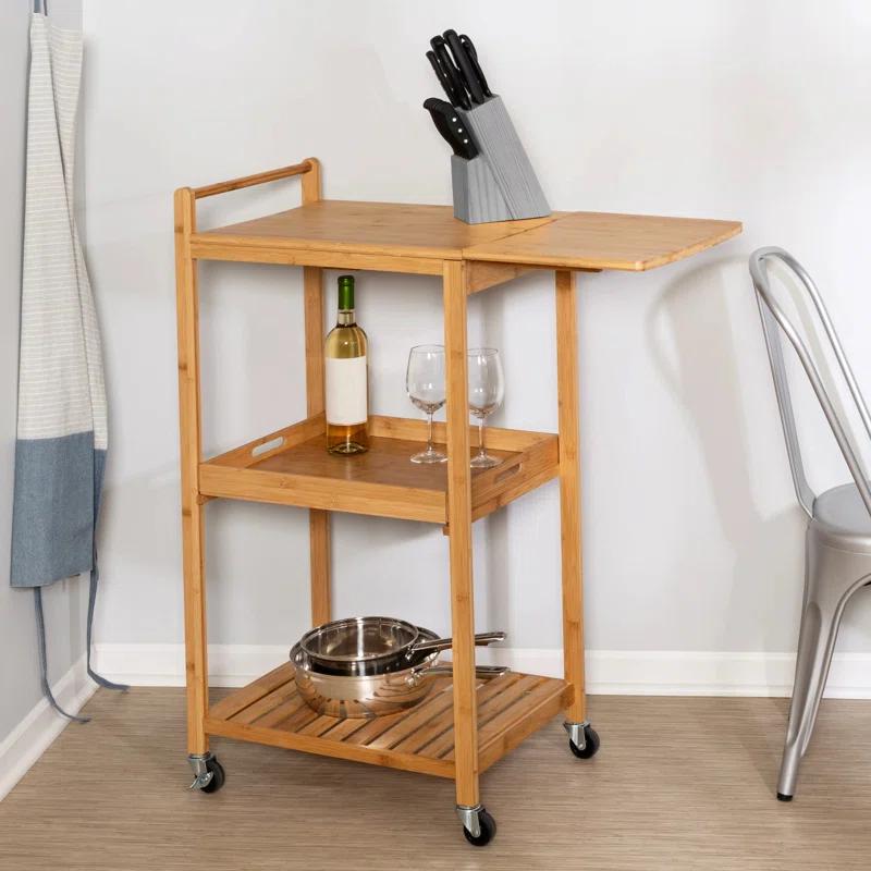 Compact Bamboo Drop-Leaf Kitchen Cart with Locking Casters and Storage