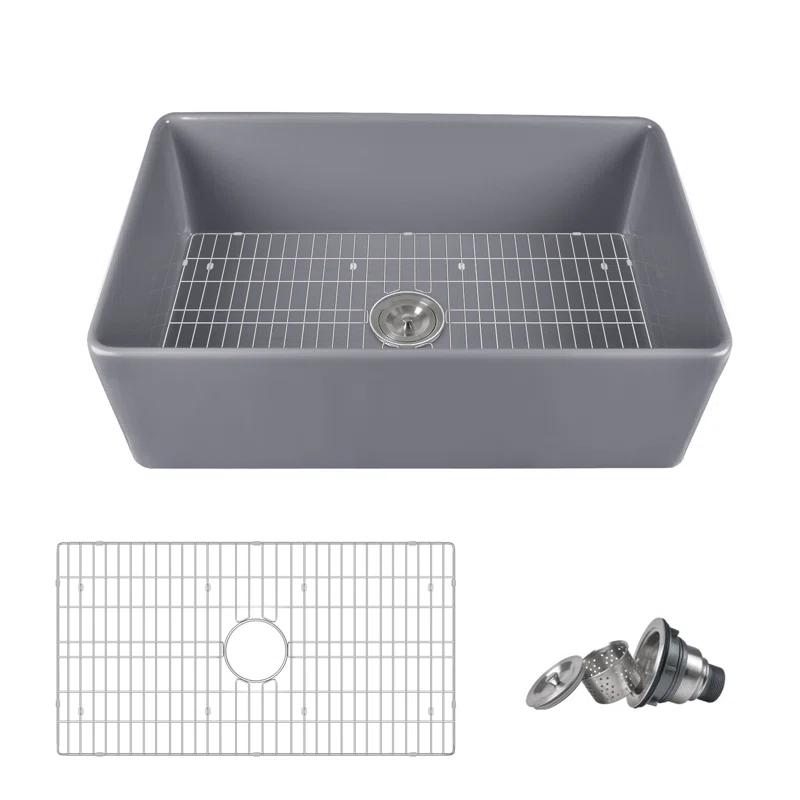Grove 33" L X 18" W Rectangular Single Bowl Fireclay Farmhouse Kitchen Sink with Grid and Strainer