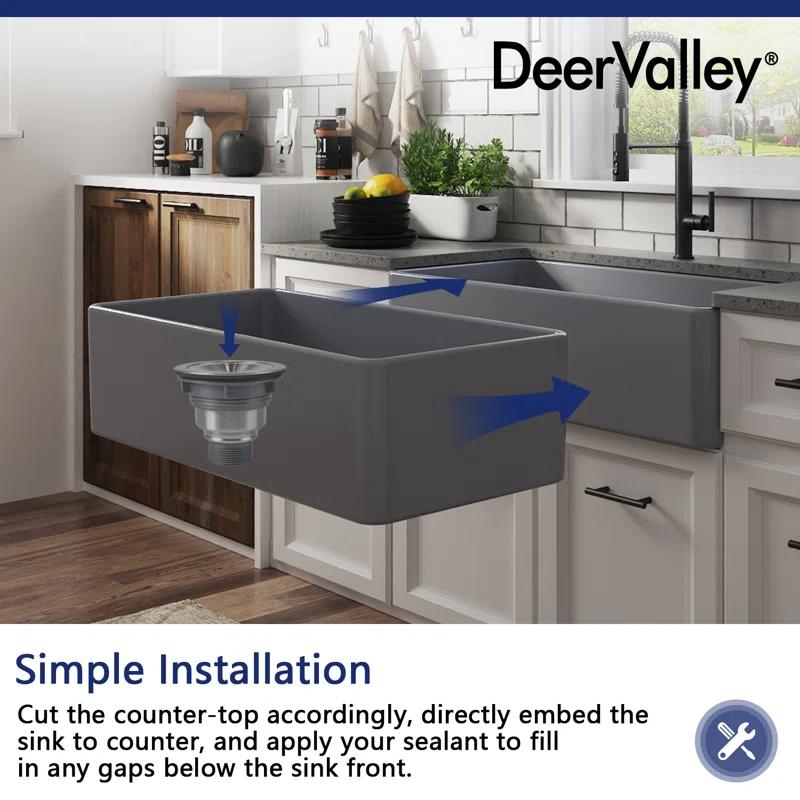 Grove 33" L X 18" W Rectangular Single Bowl Fireclay Farmhouse Kitchen Sink with Grid and Strainer