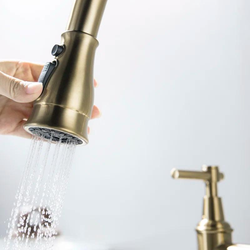 17.32" Bridge Kitchen Faucet with Pull Down Sprayer, Bridge Faucet for Kitchen Sink 3 Holes
