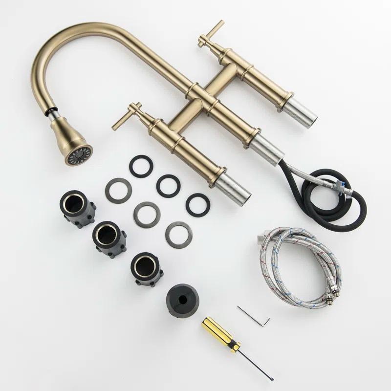 17.32" Bridge Kitchen Faucet with Pull Down Sprayer, Bridge Faucet for Kitchen Sink 3 Holes