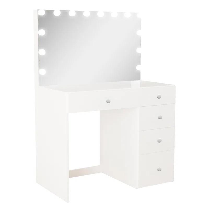 Saranya Modern White Vanity Desk with Hollywood Light Bulbs and 5 Drawers