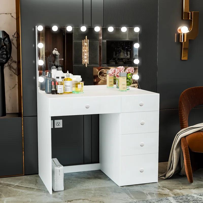 Saranya Modern White Vanity Desk with Hollywood Light Bulbs and 5 Drawers