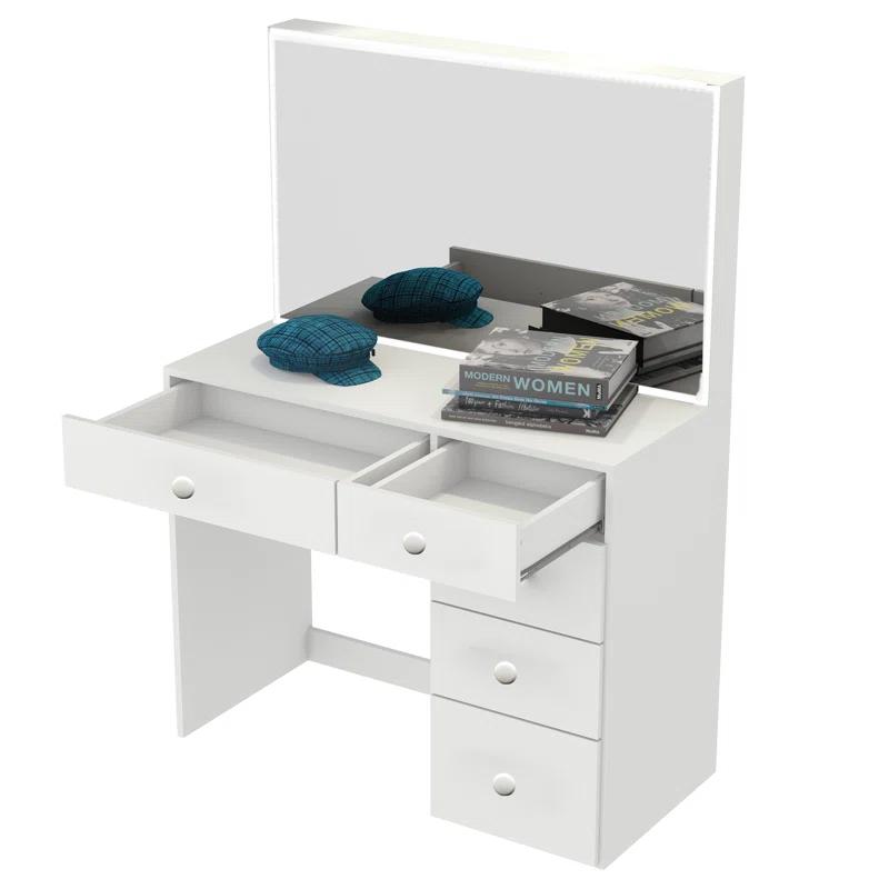 Gaia Chic White Makeup Vanity Desk with LED Lights and Spacious Drawers