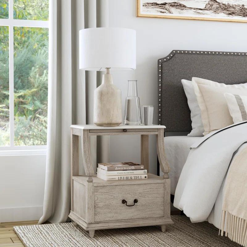 Gray Mahogany and Marble 1-Drawer Nightstand