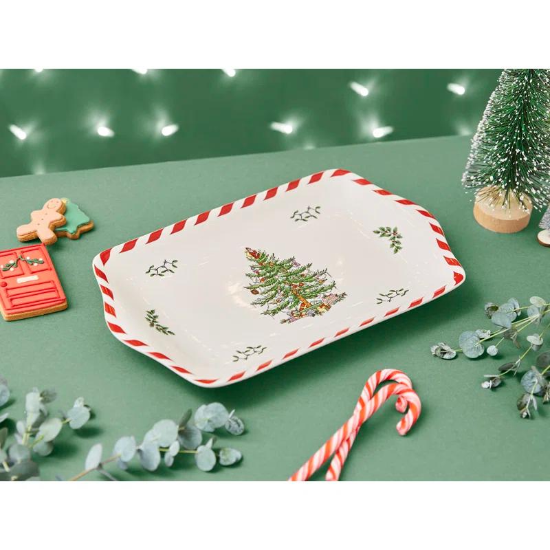 Festive Peppermint Christmas Tree 12-inch Porcelain Dessert Tray