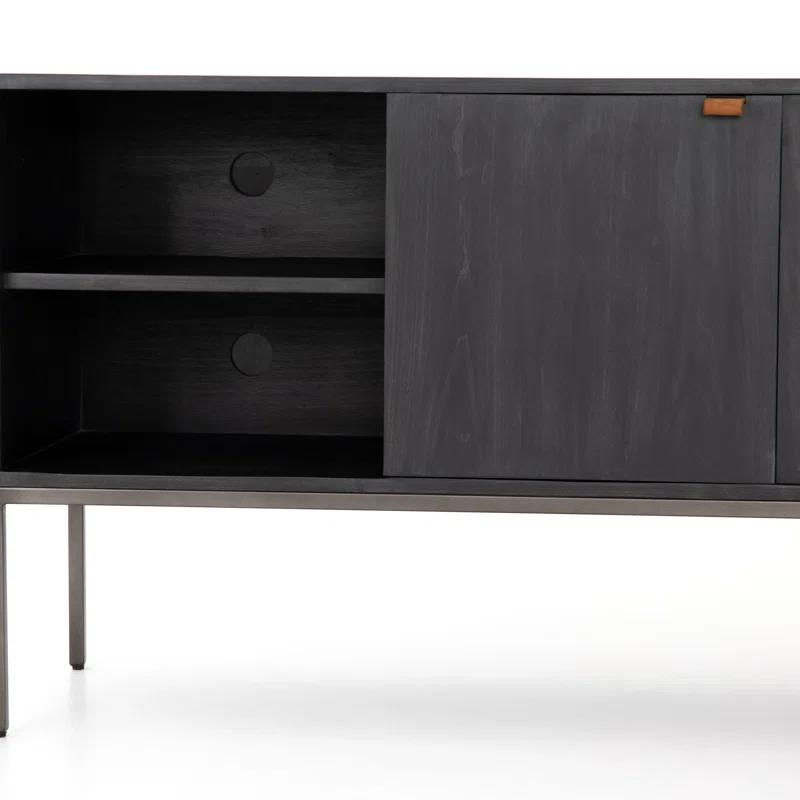 Contemporary Black Wash Poplar Media Console with Leather Pulls