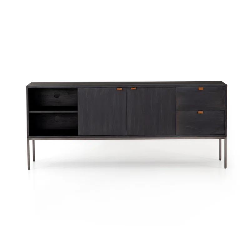 Contemporary Black Wash Poplar Media Console with Leather Pulls