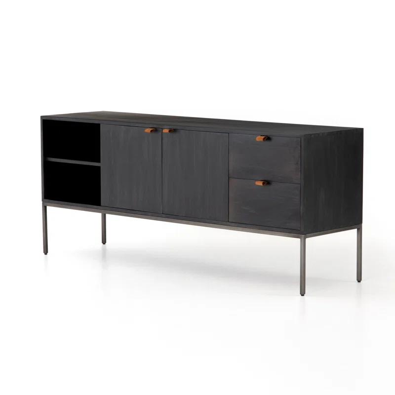 Contemporary Black Wash Poplar Media Console with Leather Pulls