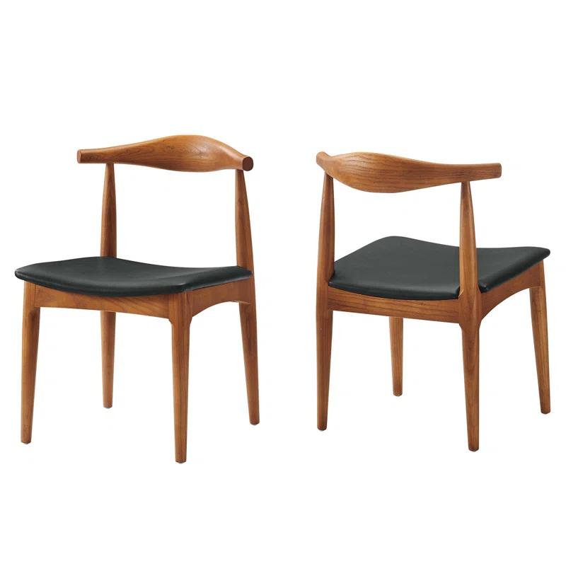 Mid-Century Curved Black Faux Leather and Wood Side Chair Set