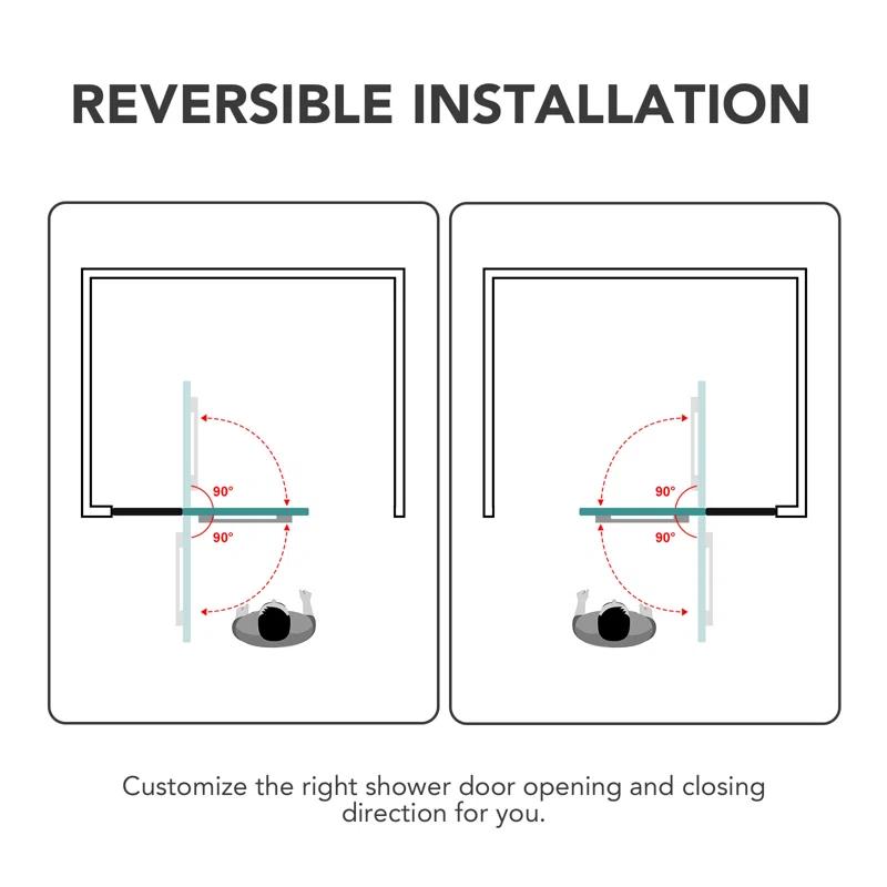 43" W x 58" H Frameless Glass Hinged Bathtub Shower Door with Clear Tempered Glass