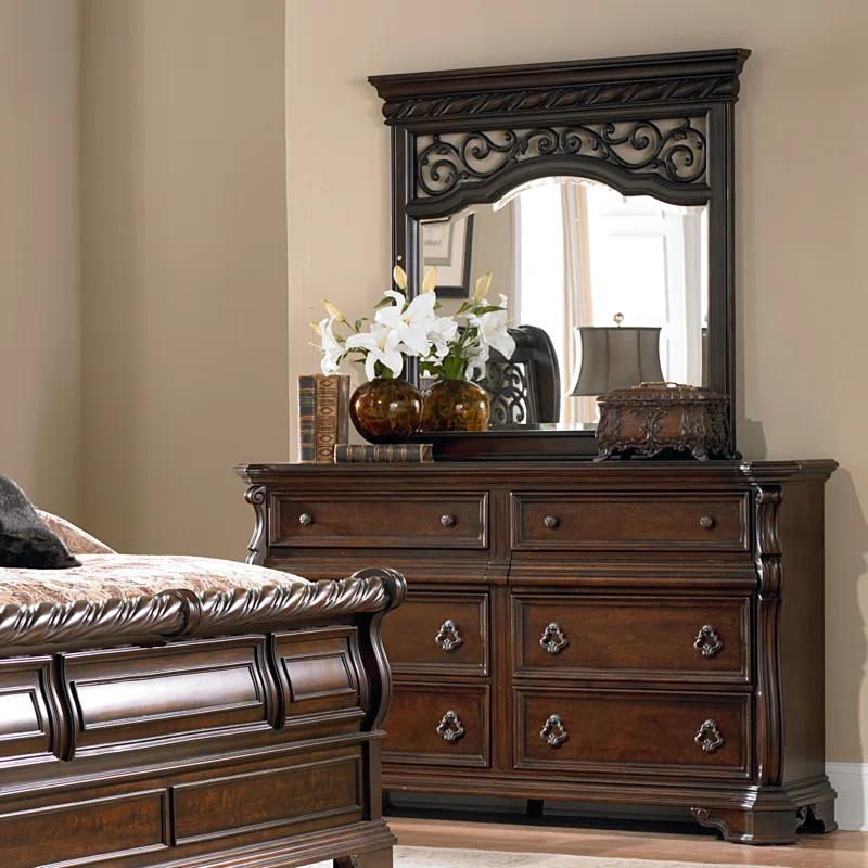 Queen Dark Brown Wood Sleigh Bed Set with Dresser and Mirror