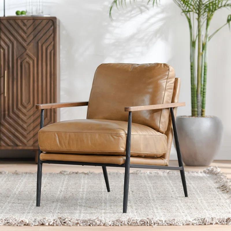 Transitional Handcrafted Tan Leather Accent Chair with Metal Legs