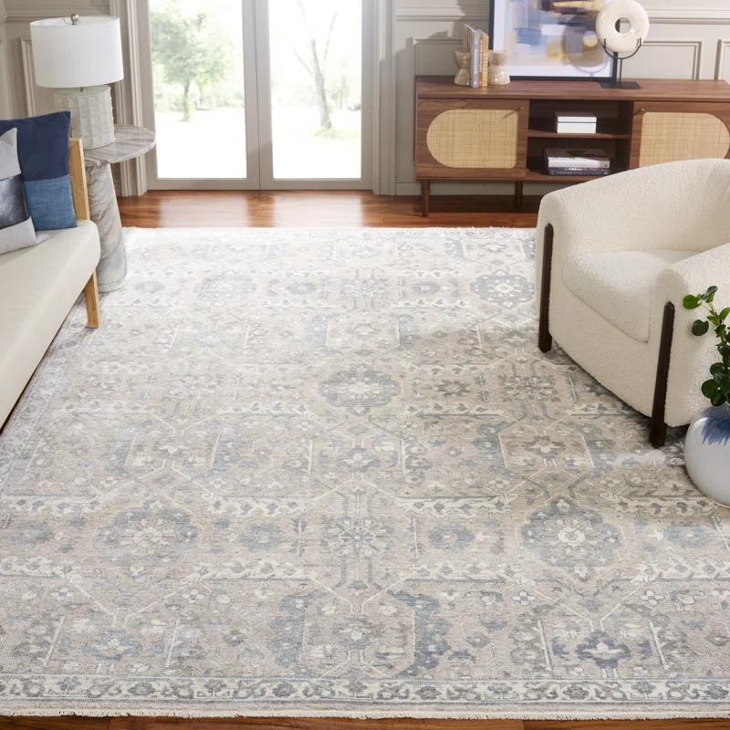 Beige and Blue Hand-Knotted Wool Viscose 8' x 10' Rug