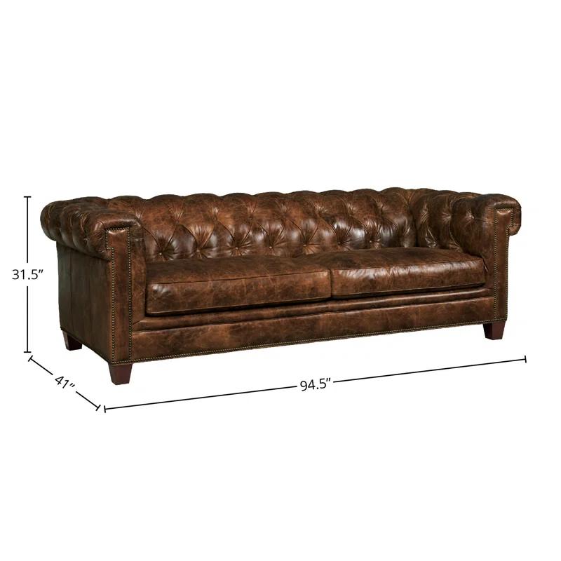 Traditional Chesterfield 94.5'' Medium-Brown Leather Sofa with Brass Nailhead Accents