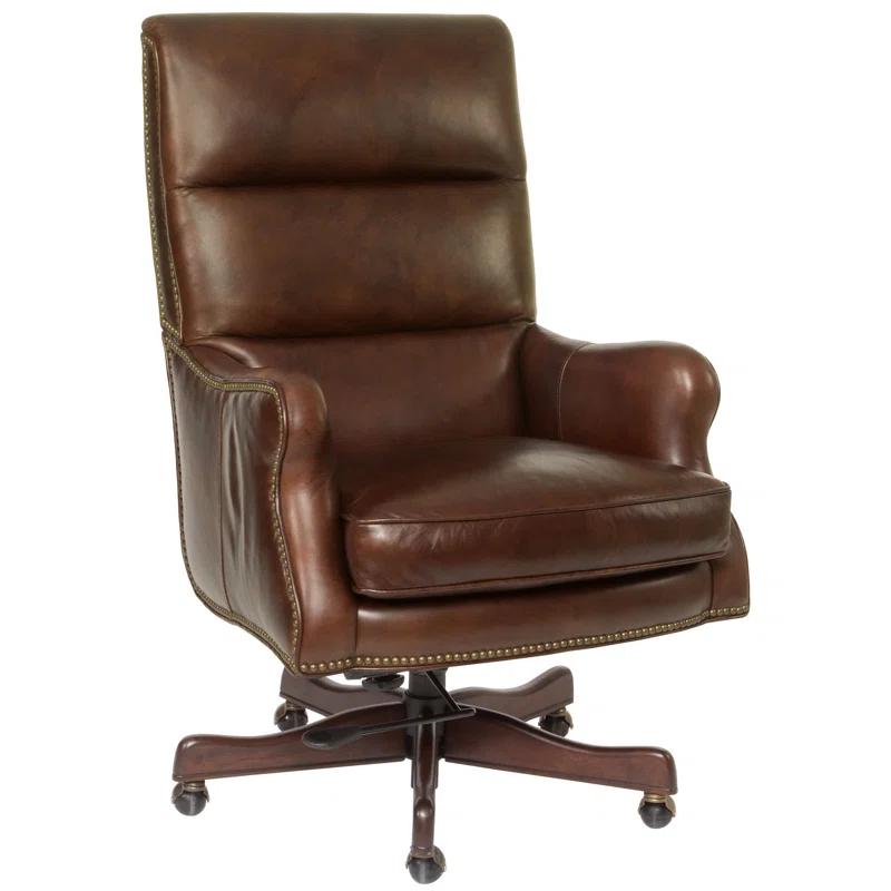 Brown Leather Swivel Executive Chair with Dark Wood Base