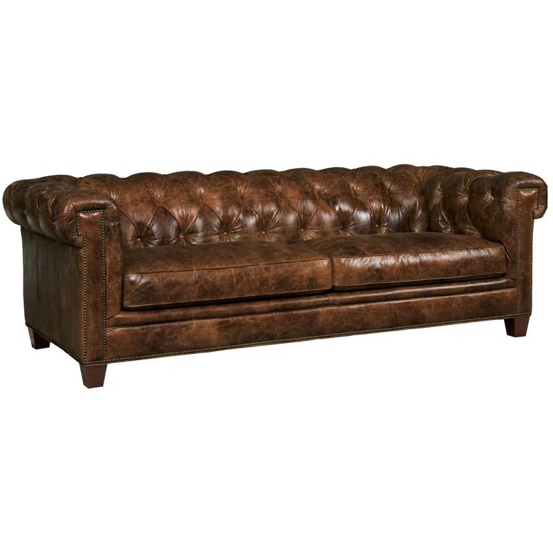 Traditional Chesterfield 94.5'' Medium-Brown Leather Sofa with Brass Nailhead Accents